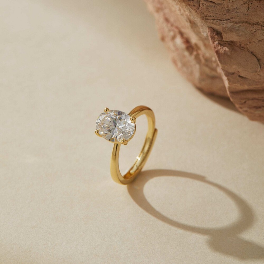14k Gold Plated Oval CZ Solitaire Ring 3ct Adjustable Band Museori